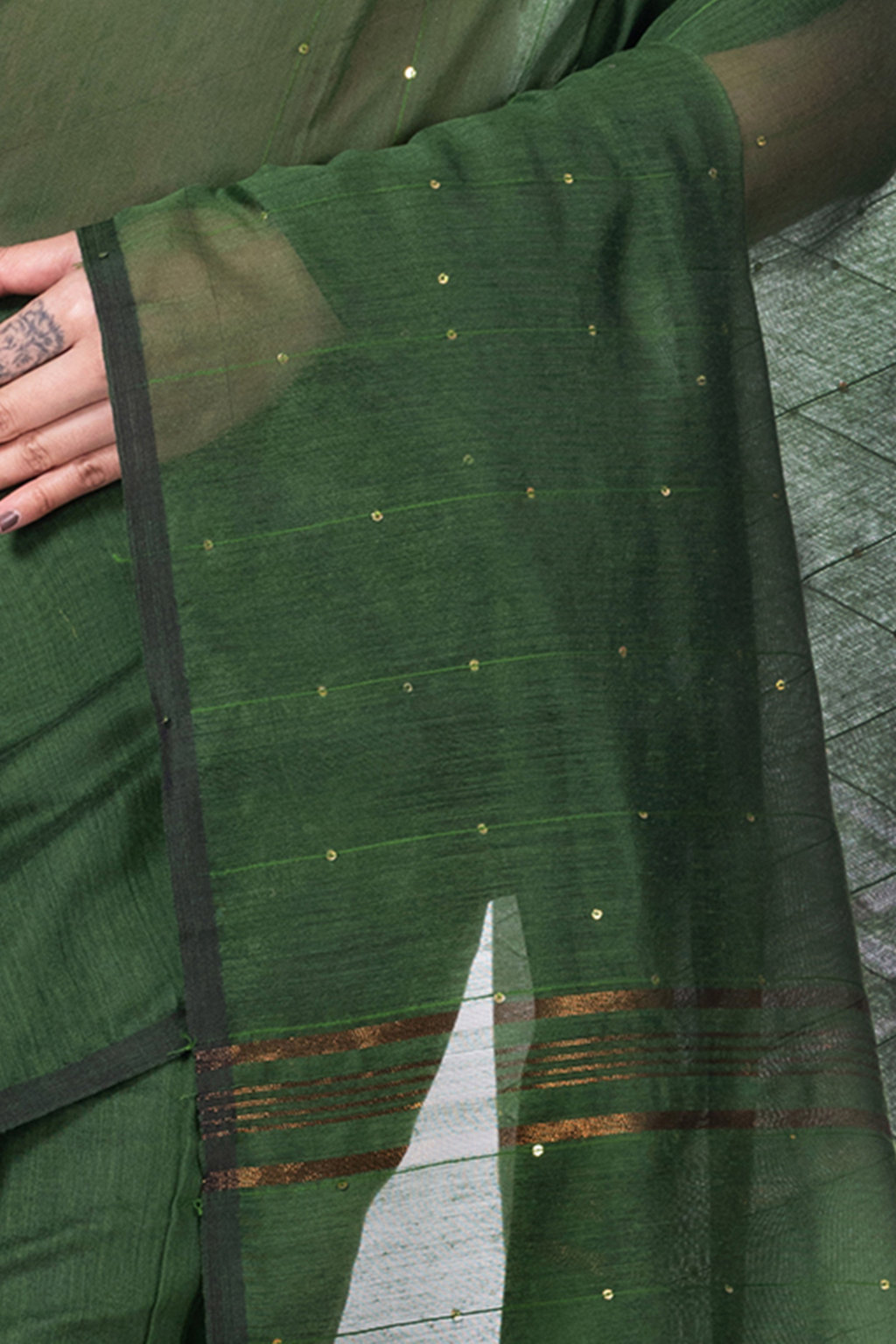 Dark Green Blended Cotton Sequence_Handloom Hand Loom Saree (473)